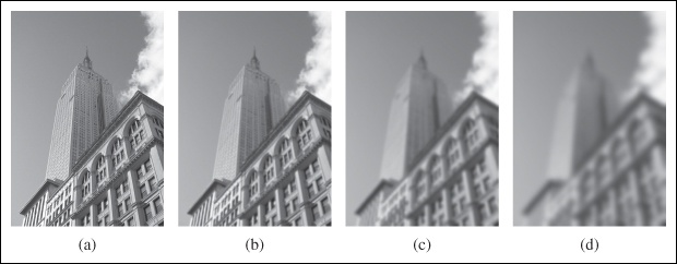 An example of Gaussian blurring using the scipy.ndimage.filters module: (a) original image in grayscale; (b) Gaussian filter with σ = 2; (c) with σ = 5; (d) with σ = 10.