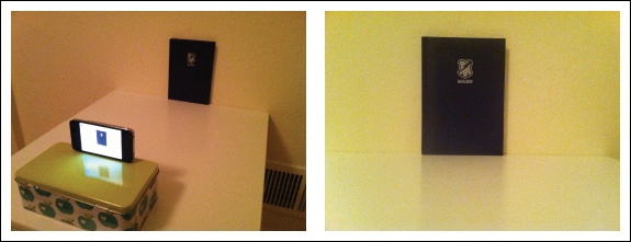 A simple camera calibration setup: an image of the setup used (left); the image used for the calibration (right). Measuring the width and height of the calibration object in the image and the physical dimensions of the setup is enough to determine the focal length.