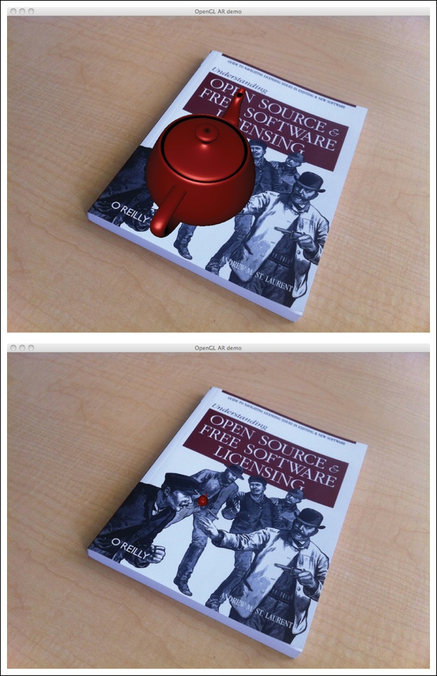 Augmented reality. Placing a computer graphics model on a book in a scene using camera parameters computed from feature matches: the Utah teapot rendered in place aligned with the coordinate axis (top); sanity check to see the position of the origin (bottom).