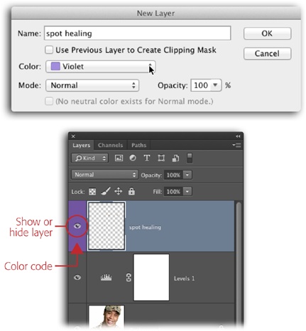 In the New Layer dialog box (top), you can give your new layer a name and a colored label. Color-coding layers makes them easier to spot in a long Layers panel (bottom), so it’s especially helpful to use on layers that you may need to return to for additional editing.In the Layers panel, you can double-click a layer’s name to rename it, and turn its visibility on or off by clicking the little eye icon to the left of its thumbnail. The new layer’s thumbnail shown here is a checkerboard pattern because the layer is empty and transparent. (See the box on page 37 for more on transparency.)