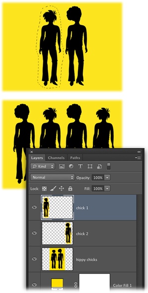 By selecting each of the silhouettes (top) and then pressing ⌘-J (Ctrl+J), you can put copies of them onto their own layers (bottom). To move them around in your document, activate one of the new layers, press V to grab the Move tool, and then drag to reposition the selected figure. (Chapter 4 has more on how to make selections.)Photoshop automatically adds the word “copy” to duplicated layers’ names. To keep it from doing that, open the Layers panel’s menu, choose Panel Options, and then turn off the “Add ‘copy’ to Copied Layers and Groups” checkbox at the bottom of the resulting dialog box.You can follow along by visiting this book’s Missing CD page at www.missingmanuals.com/cds and downloading the file Chicks.jpg.