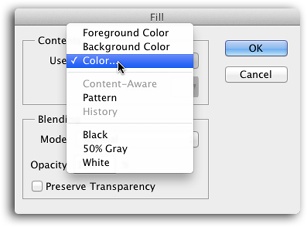 The Use menu lets you tell Photoshop to fill a layer with your foreground or background color, or summon the Color Picker by choosing Color.The downside to this method is that if you increase your canvas size (page 249) after filling a layer with color, you’ll need to refill the layer or it’ll be smaller than your document. To avoid this extra step, use a Fill layer instead, as discussed in this section.