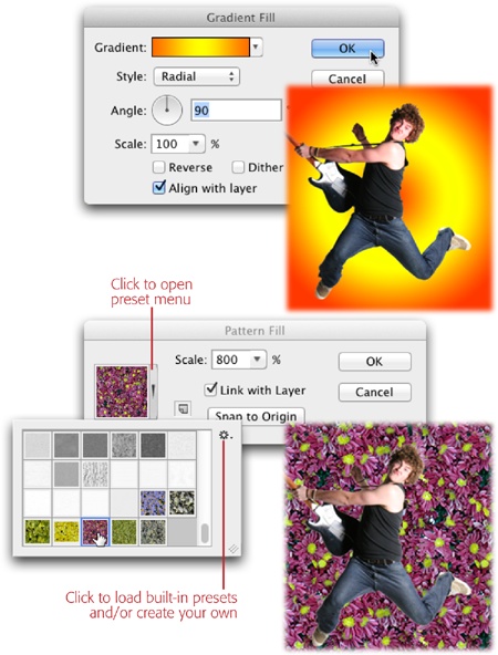 Fill layers aren’t just for adding solid color; you can use ’em to create a gradient- or pattern-filled background as shown here (top and bottom, respectively). To change the gradient or pattern after you’ve added the Fill layer, just double-click its thumbnail in the Layers panel to make Photoshop display the appropriate dialog box—Gradient Fill or Pattern Fill. By adjusting the Scale setting in these dialog boxes, you can make the gradient or pattern bigger or smaller. (Page 85 explains how to make your own custom patterns.)You can also add a Fill layer via the Adjustment layer menu at the bottom of the Layers panel (it looks like a half-black/half-white circle). You’ll find Solid Color, Gradient, and Pattern listed at the very top of the resulting menu.