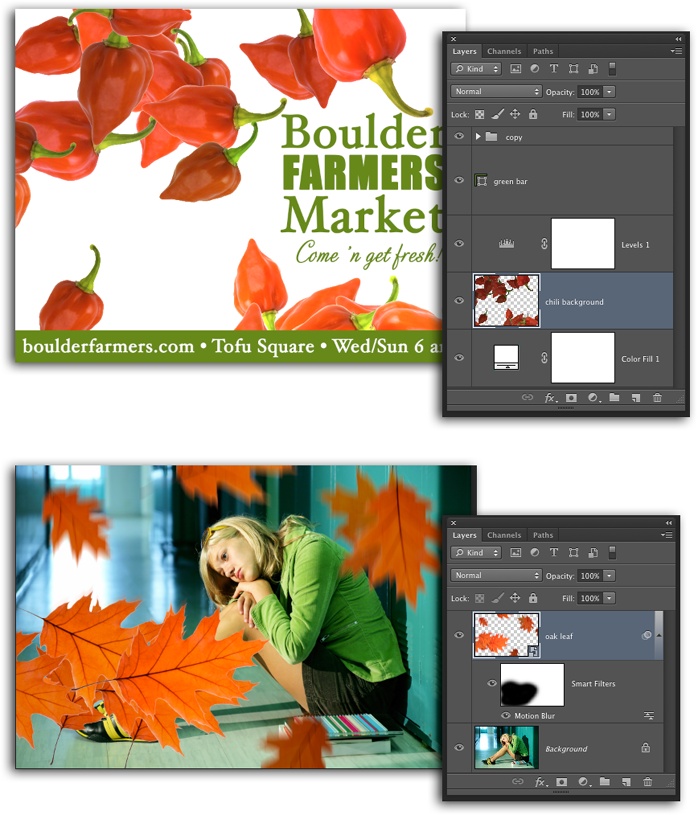 Photoshop can use a JavaScript file to make your patterns vary in ways it never could before CS6. Here, the Random Fill script was used to create the background for this fictitious farmer’s market ad (top) as well as the falling leaves atop this schoolgirl’s photo (bottom); the latter pattern was created from a single oak leaf. As you can see, there’s no end to the interesting backgrounds and textures you can create with scripted patterns!You can access Scripted Patterns when you’re filling a path, too, though they aren’t available for use with Pattern Fill layers (dang it!).