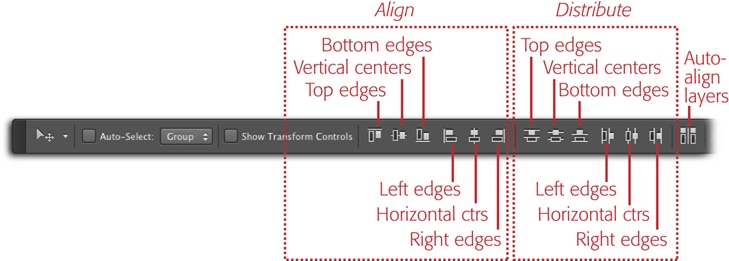 The alignment settings are only usable when you’ve got two or more layers and the Move tool activated (the distribute settings require three or more active layers); otherwise, they’re grayed out. If you forget what a button is for, put your cursor over it and, within a second or two, Photoshop displays a yellow tooltip telling you what that button does. Figure 3-18 shows these settings in action.