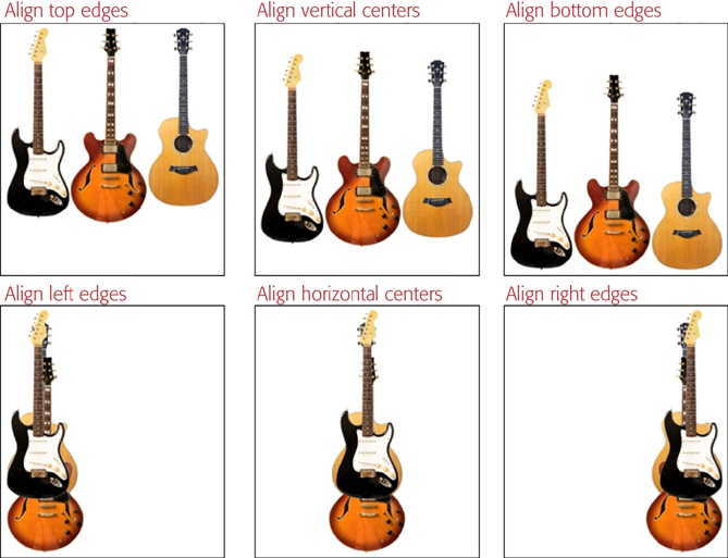 Each of these guitars lives on its own layer, so you can see the effect of Photoshop’s various alignment settings.If you’re a designer, these tools are huge timesavers and allow you to be very precise when aligning text and other artwork.