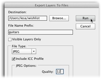 The Export Layers To Files dialog box lets you choose where to put the new files and what to name them. To exclude any hidden layers, turn on the Visible Layers Only checkbox.In the File Type drop-down menu, you can choose from BMP, JPEG, PDF, PSD, TARGA, TIFF, PNG-8, and PNG-24. Each format gives you different options; for example, choosing JPEG lets you pick a quality setting.Photoshop includes your document’s ICC profile in each file unless you turn off the aptly named Include ICC Profile checkbox shown here.