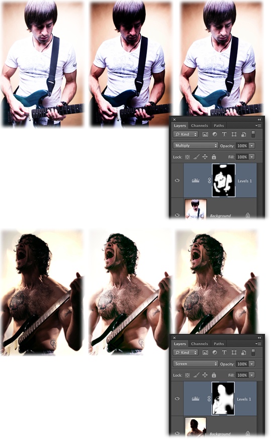 You can quickly darken or lighten an image by adding an empty Adjustment layer and changing its blend mode to Multiply or Screen (respectively). To control where the change is visible on the image, use a brush to fine-tune the Adjustment layer’s mask.Top: This guy’s shirt and arms are too light in the original image (left). If you change the Adjustment layer’s blend mode to Multiply, his face and guitar are too dark (middle). But if you then hide his face and guitar using the layer mask, he looks much better (right).Bottom: You can do the same thing to a photo that’s too dark. On the left is the super-dark original. The middle image shows what happens when you change the Adjustment layer’s blend mode to Screen. You can then use the accompanying layer mask to hide the over-lightened areas (mainly the background and his tattoo) as shown on the right. Now you can see the rocker dude’s face (though on second thought, maybe that isn’t such a good idea after all!).