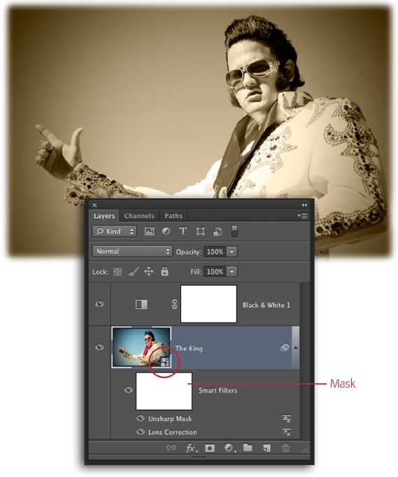 You can create some pretty amazing templates using Smart Objects. Just open an image as a Smart Object (as described later in this section) and then make all the changes you want, like giving it a sepia tint, adding a dark-edge vignette, and sharpening it, as shown here. The little badge at the bottom right of the layer thumbnail (circled) indicates that the layer is a Smart Object.Then, to swap the original photo for another one, activate the Smart Object layer and then choose Layer→Smart Objects→Replace Contents (or Control-click [right-click] near the layer’s corner in the Layers panel name and choose Replace Contents from the resulting shortcut menu). Navigate to another photo on your hard drive, click Open, and it’ll take on the same characteristics automatically!Thank ya, thank ya very much.