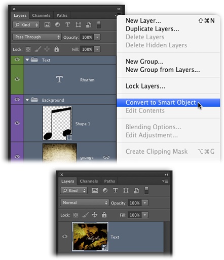 Top: To convert multiple layers into a Smart Object, activate them in the Layers panel and then choose “Convert to Smart Object” from the panel’s menu or from the shortcut menu you get by Control-clicking (right-clicking) near a layer’s name (it doesn’t matter which one). Alternatively, you can choose Layer→Smart Objects→“Convert to Smart Object,” or choose Filter→“Convert for Smart Filters.” All these commands do the same thing.Bottom: Photoshop converts all those layers into a single Smart Object that you can run filters on nondestructively. To edit the Smart Object’s contents, choose Edit Contents from the Layers panel’s menu and Photoshop opens a new temporary document containing the original layers. When you’re finished editing, press ⌘-S (Ctrl+S) to save your changes and then close the document; Photoshop automatically updates your Smart Object in the original document. How cool is that?