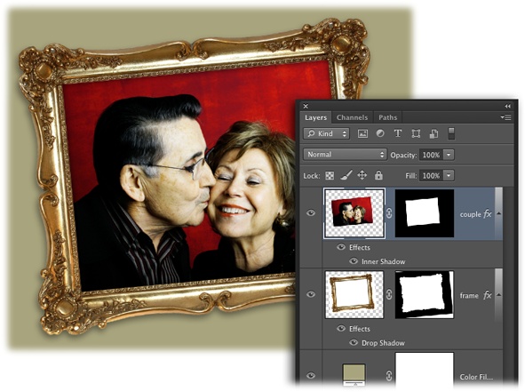 The Paste Into command tells Photoshop to create a layer mask that hides the outer bits of the pasted image so you can see it only through the selection.This image combination was created using Paste Into to tuck the couple inside a gold frame. Add a well-placed layer style or two (for example, drop and inner shadows) and the photo of the couple looks right at home in its new digs.