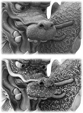 Top: Sure, the Desaturate command lets you convert photos to black and white in one step, but as you can see, this method produces a very lame dragon.Bottom: A Black & White Adjustment layer lets you introduce all kinds of contrast, making it a much better option for black-and-white conversions (and for producing a respectably menacing creature).Another (older) way to create a black-and-white image is to use a Channel Mixer Adjustment layer. Cruise on over to this book’s Missing CD page at www.missingmanuals.com/cds to learn how.
