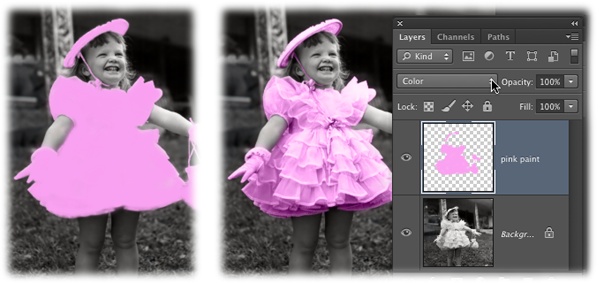 Unless you change the paint layer’s blend mode, the paint covers up all the details of this girl’s cute dress (left). But once you set the blend mode to Color (right), the details come shining through.