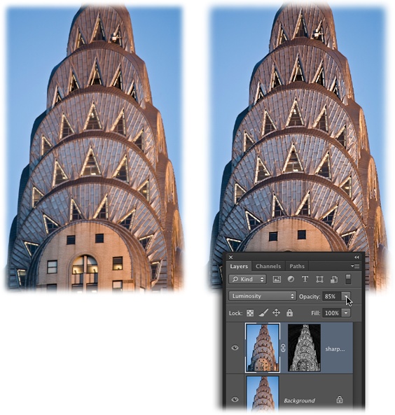 Left: The original, unsharpened photo of the Chrysler Building in New York City looks pretty soft and lacks detail.Right: Sharpening the same photo with an edge mask (visible in the Layers panel) confines the sharpening to the image’s details.