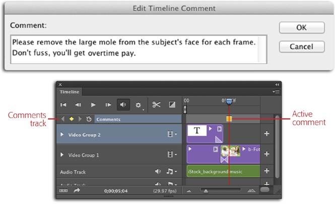 Once you add a comment, it appears as a tiny yellow square in the Comments track beneath the time ruler. If you double-click it, Photoshop opens a dialog box that contains your note (and lets you edit the comment). When you’re finished editing or reading it, click OK to close the dialog box.