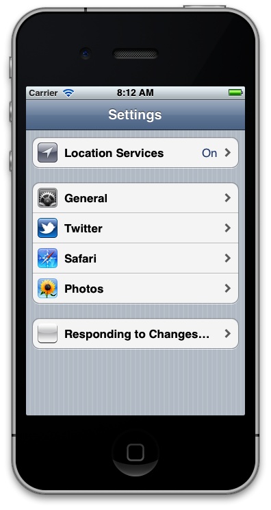 Our Settings.bundle displayed in the Settings app on iOS Simulator