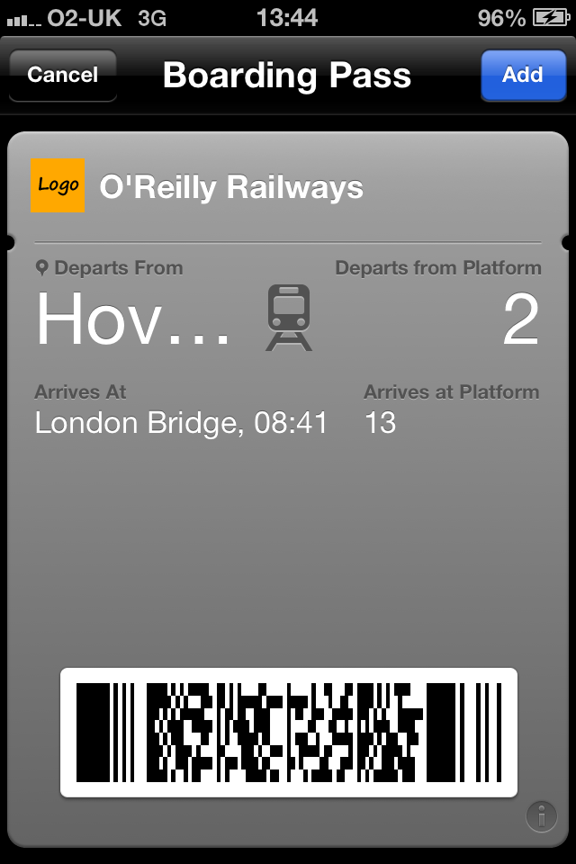 A railway ticket presented as a pass in Passbook on an iOS device