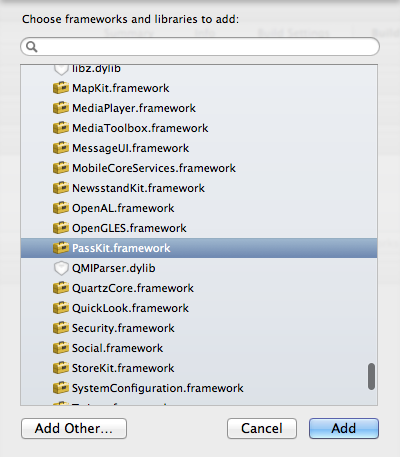 Adding the PassKit.framework to our target in Xcode