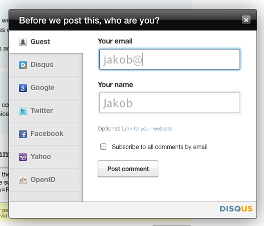 An example of a common microinteraction: signup. The Disqus sign-up form cleverly guesses your name based on your email address. (Courtesy Jakob Skjerning and Little Big Details.)