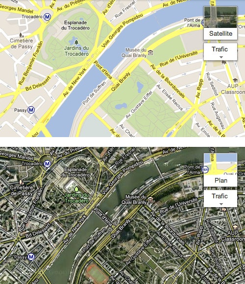 Whether viewing the Standard (“Plain”) or Satellite view of Google Maps, the widget for changing the view shows the map and a preview of the other view behind it. (Courtesy Hugo Bouquard and Little Big Details.)