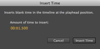 You can insert time at any point in the timeline by moving the playhead to a position and then using the Timeline→Insert Time command. Dial up the amount of time you want to add and click the Insert Time button shown here.