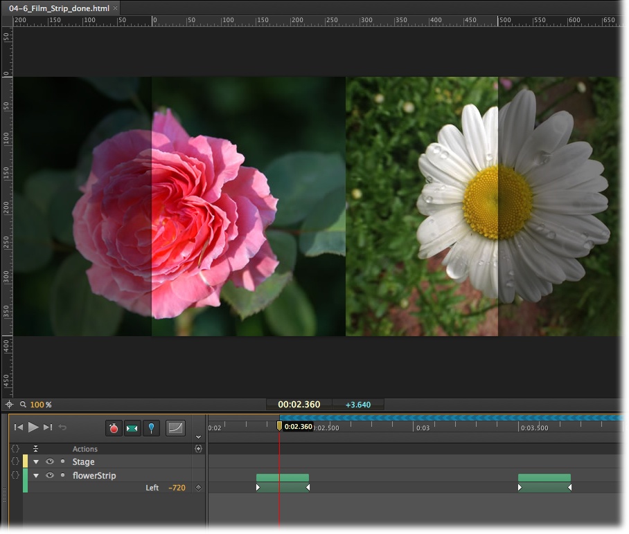 The filmstrip is in mid-transition, with the rose moving offstage and the daisy moving on. The motion for the entire filmstrip is created by changing the Left property of the flowerStrip image. You can choose whether or not the audience sees the sliding action. Don’t want the animated motion? Turn Instant Transitions off and don’t bother with the pin when you create transition.