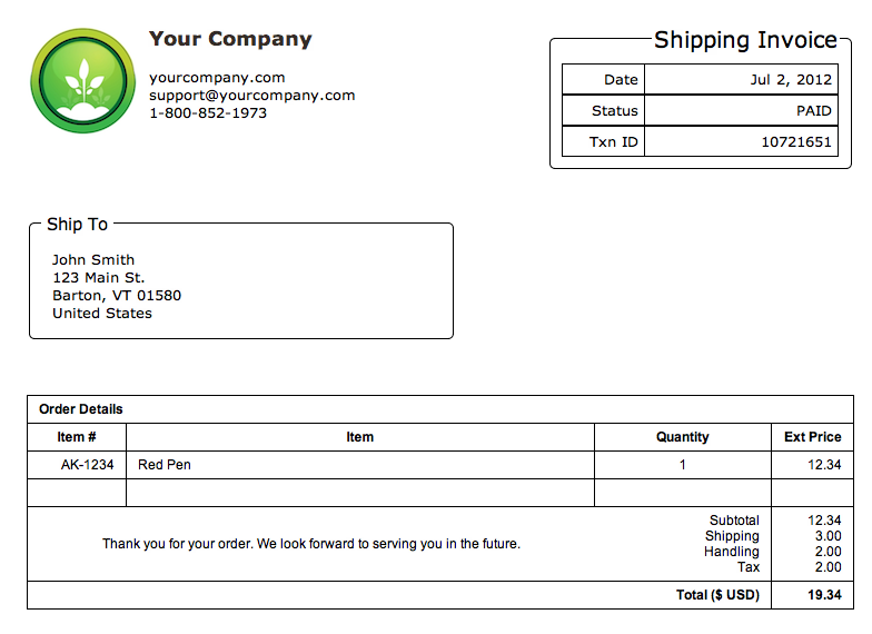 Resulting shipping invoice