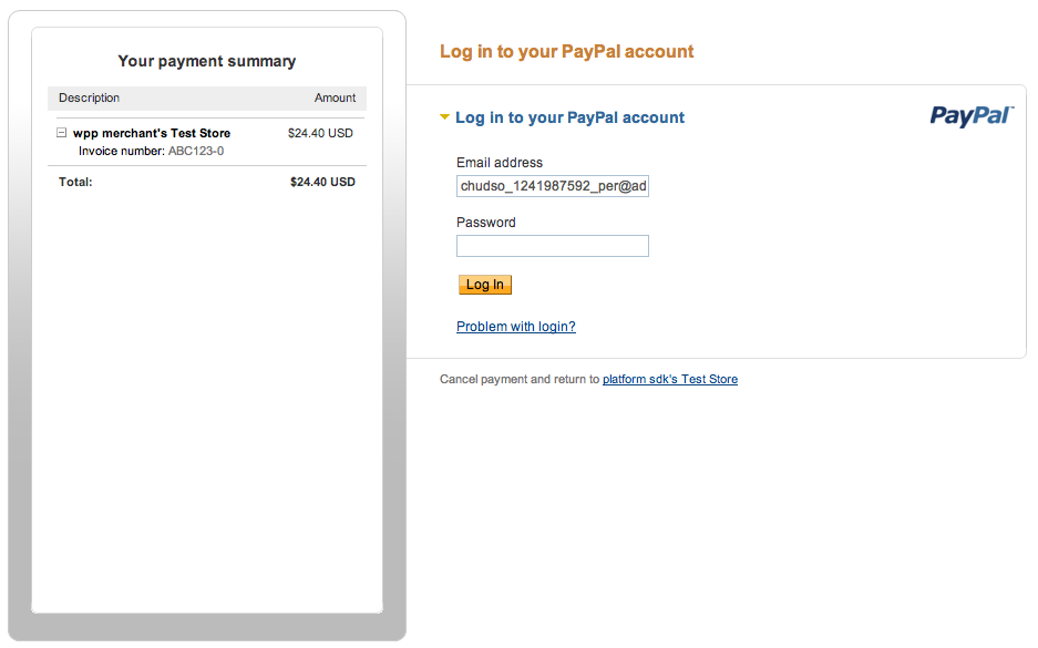 PayPal payment login