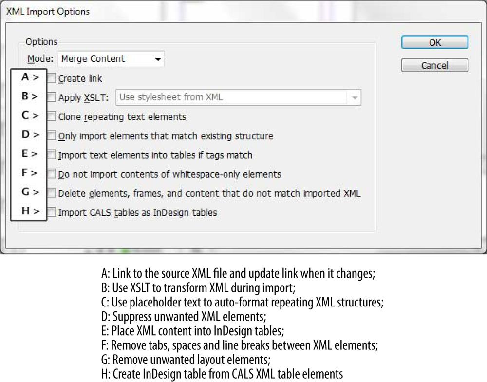 The XML Import Options dialog with annotations