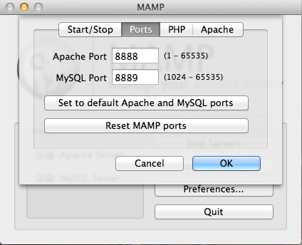 MAMP lets you change both the port that Apache (the web server) runs on, as well as the port that MySQL runs on. Be especially careful with the MySQL port. Most programs that use MySQL will need to be updated to the value you use here.