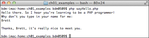 Eventually, you’ll run most of your PHP scripts through a web browser. For now, though, the command line lets you take control of the php command and give it a particular script to run so that you can see the output on the command line.