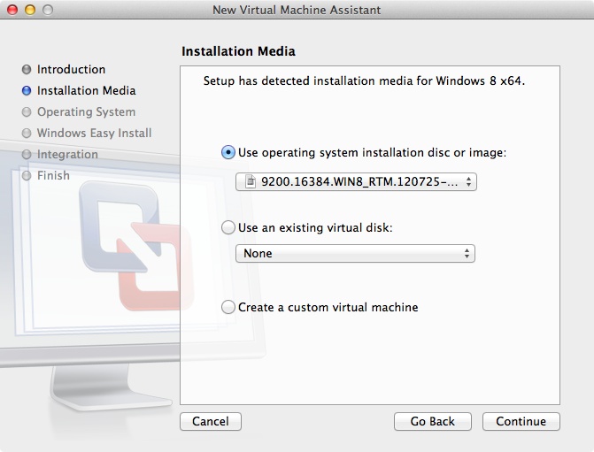 Starting the installation of Windows 8 using VMWare Fusion