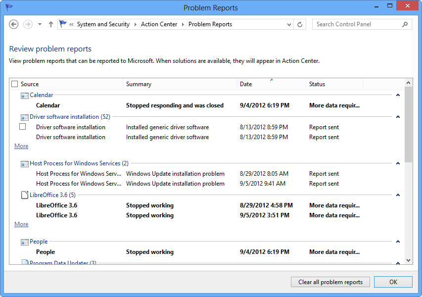 Windows 8’s Reliability Monitor’s summary of problems