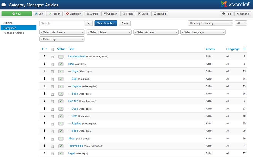 Joomla Pet Center categories in Category Manager view