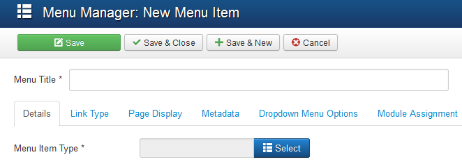 Enter the title and click Select to choose the menu item type