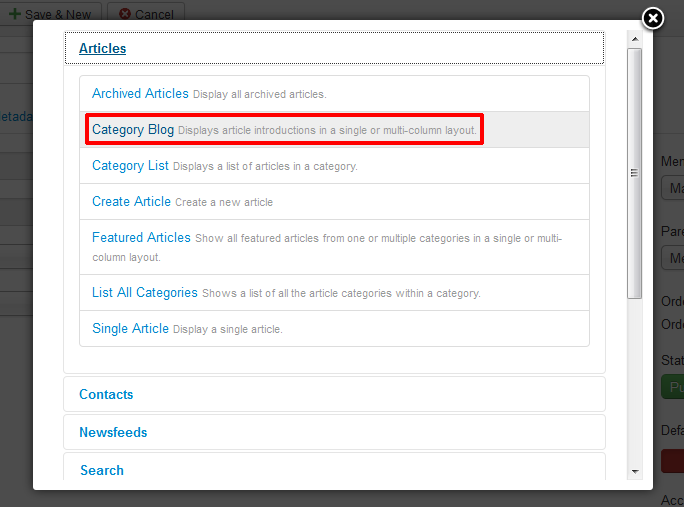 Select Article, then Category Blog to choose the menu item type