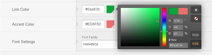Using the color picker to change the accent and link color in the template