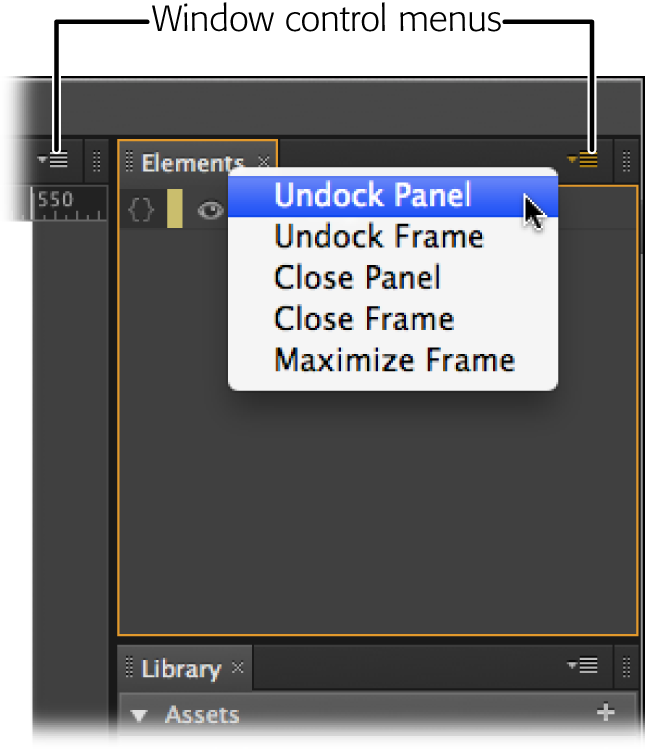 Use the menu in the upper-left corner of the individual panels to open, close, dock, and undock the panels. You can group several panels by dragging one tab over the edge of another panel. Panels that are grouped in this way are called frames.
