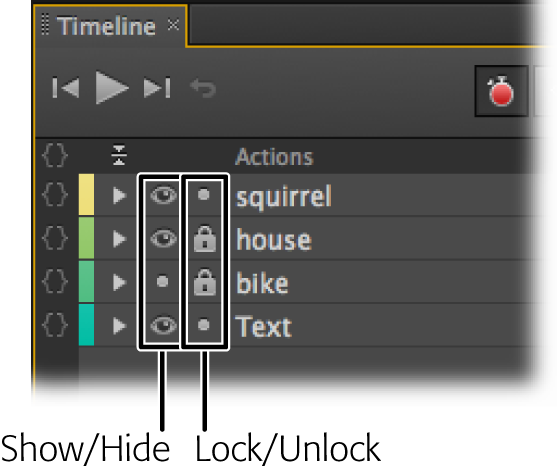 The elements part of the timeline is very busy with buttons and toggles. Many of these controls duplicate controls elsewhere. For example, the show/hide and lock/unlock buttons work exactly as they do in the main Elements panel.