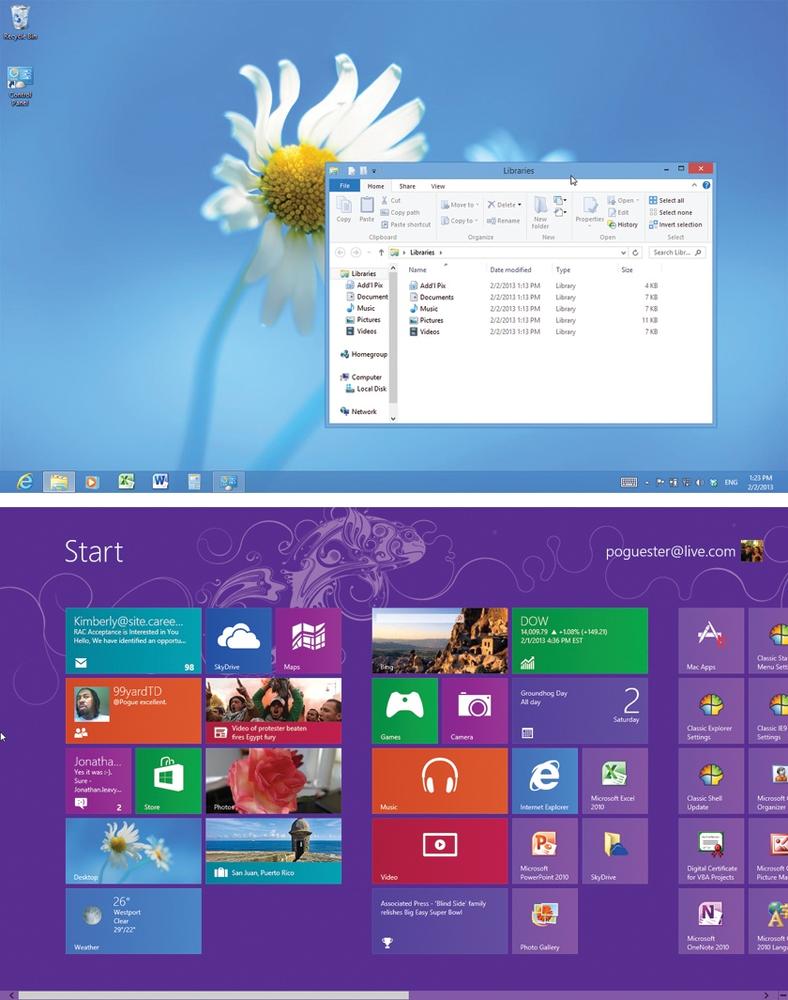 In Windows 8, you’ll encounter two different environments. Top: There’s Windows Desktop, which looks and works like Windows always has. It runs traditional Windows desktop programs. Bottom: And then there’s what this book calls TileWorld, a new environment geared toward touchscreens. It runs a new class of full-screen, colorful, touchscreen-friendly apps.