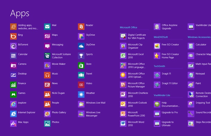 Here’s your master list of every program installed on your computer, both TileWorld apps and Windows desktop apps. They’re on a very wide, horizontally scrolling screen, and they’re organized by named groups, which correspond to the folders that used to be in the old Start menu.
