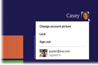 Your account icon isn’t just an icon; it’s also a pop-up menu. Click it to see the “Sign out” and “Lock” commands, as well as the names of other account holders for fast switching.