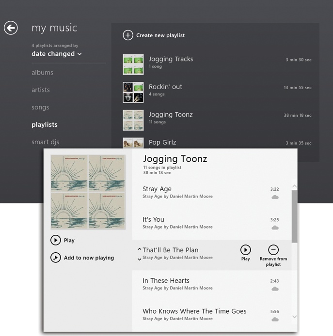 Top: This is Grand Central Playlist. Tap a playlist’s name to see what songs are inside and how much time they’ll take to play (bottom). Tap a song’s name to reveal the “Play” and “Remove from playlist” buttons. You can also tap the little and buttons to slide the selected song up or down within the playlist.