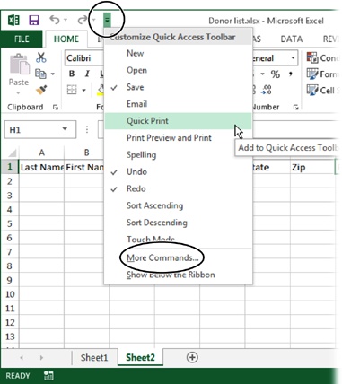 Click the circled button to see a menu of popular commands (here, the commands are for Excel) that you can add to the Quick Access toolbar. Click More Commands (also circled) to open a dialog box that lets you add items that aren’t on this menu.