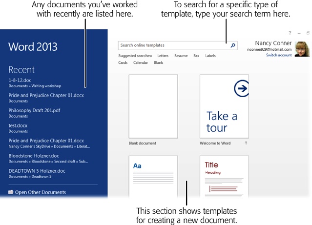 When you open Word 2013, you see a start page that looks something like this one. Recent documents (if you have any) appear on the left; click any filename to open that document. On the right are templates you can use to create a new document. If you’re brand-new to Word, click the “Take a tour” template to open a “Welcome to Word” document that gives you a short primer on how to use the program. To open a new document that uses Word’s standard formatting, click “Blank document” and see Chapter 3 for more about formatting.