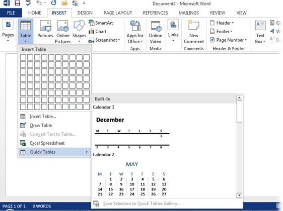 Word comes with a full complement of predesigned Quick Tables built right in. Options include calendars and lists in table form. Save yourself time and formatting headaches by selecting one.