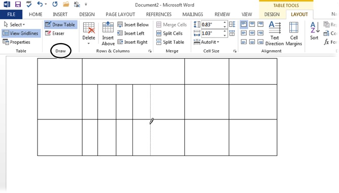 When you draw a table, Word opens the Table Tools | Layout tab. Drawing tools are in the Draw section (circled). Click Eraser to get rid of any gridline you don’t want; click Draw Table to go back to drawing lines.
