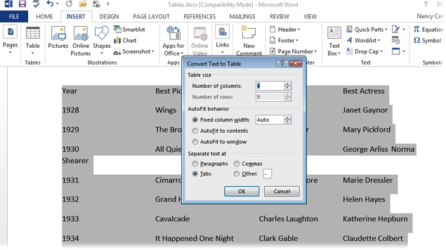 You can start with your data and use it to build a table. In this example, tabs separate columns and paragraph marks separate rows. The Convert Text to Table dialog boxes uses this information to set up the table.