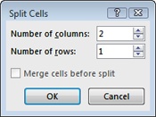 When you split a cell, you need to set the number of rows and columns you want to create. If you selected a range of cells to split and mark the “Merge cells before split” checkbox, Word merges the range into one big cell, and then splits it according to how many columns and rows you set.
