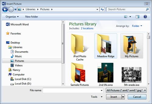 Although Word comes with sample pictures, you’ll probably want to use your own. Find and select a folder in the left-hand pane, choose the picture you want, and then click Insert.